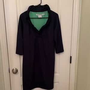 Gretchen Scott Designs Ruffled Neck Navy Shift Dress with Mint Lining